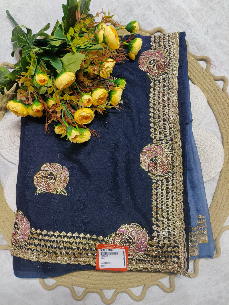 Midnight Blue Party-Wear Saree with Shimmering Peacock Embellishments