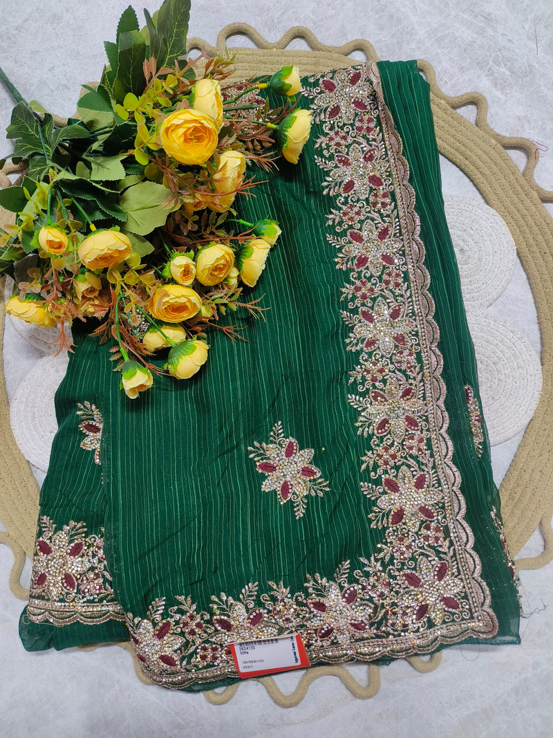 Chic Bottle Green Pleated Saree with Floral Stone Border