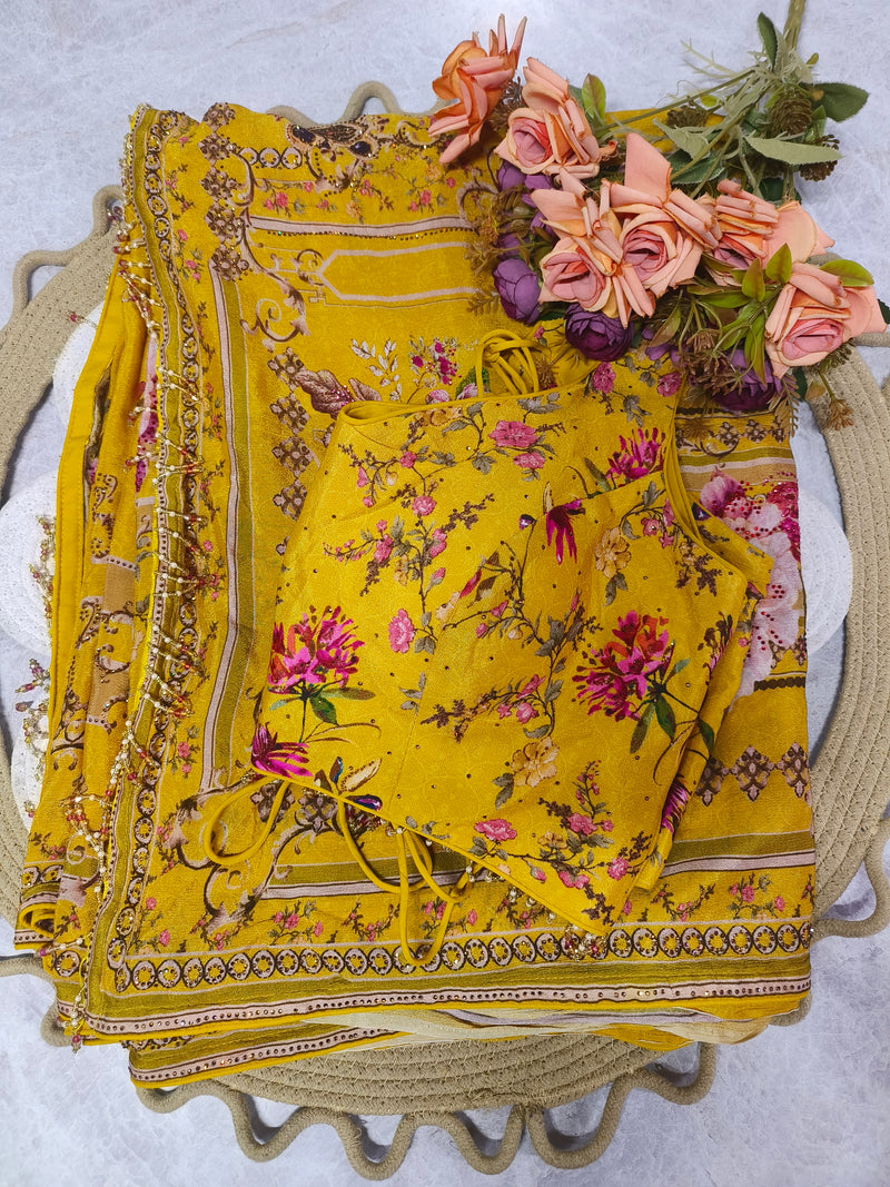 Elegant Mustard Floral Printed Saree with Embellished Blouse