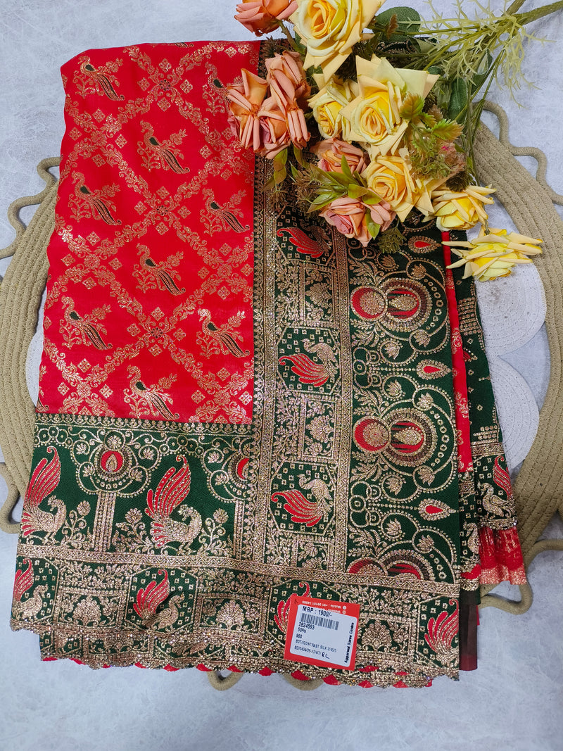Elegant Red and Green Traditional Silk Saree with Rich Zari