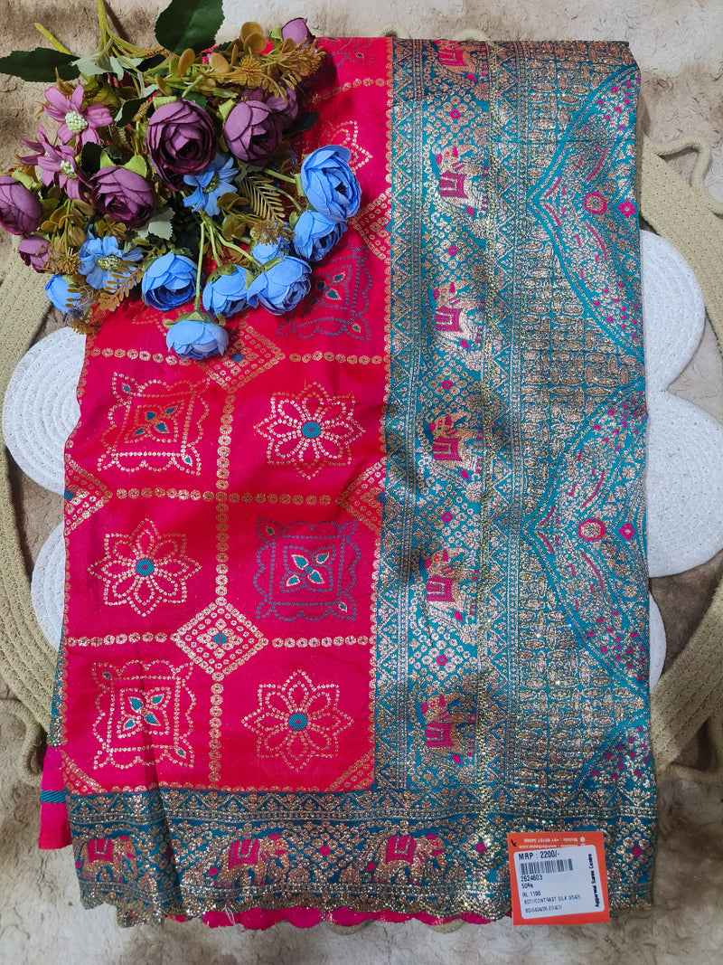Chic Fuchsia Pink & Teal Contrast Silk Saree