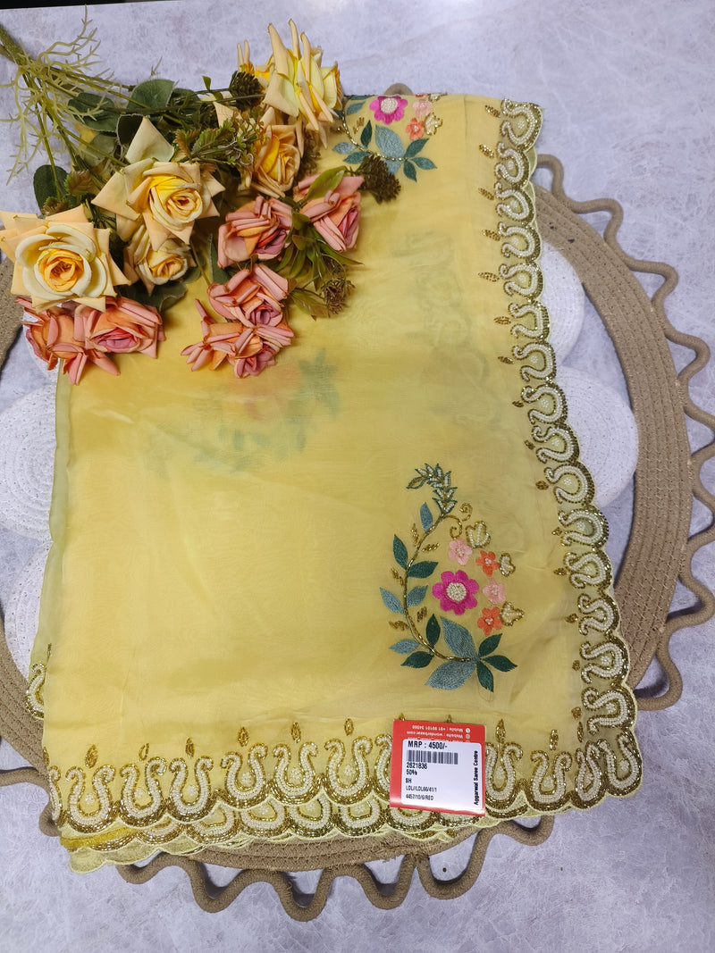 Charming Pastel Yellow Fancy Saree with Floral Embroidery