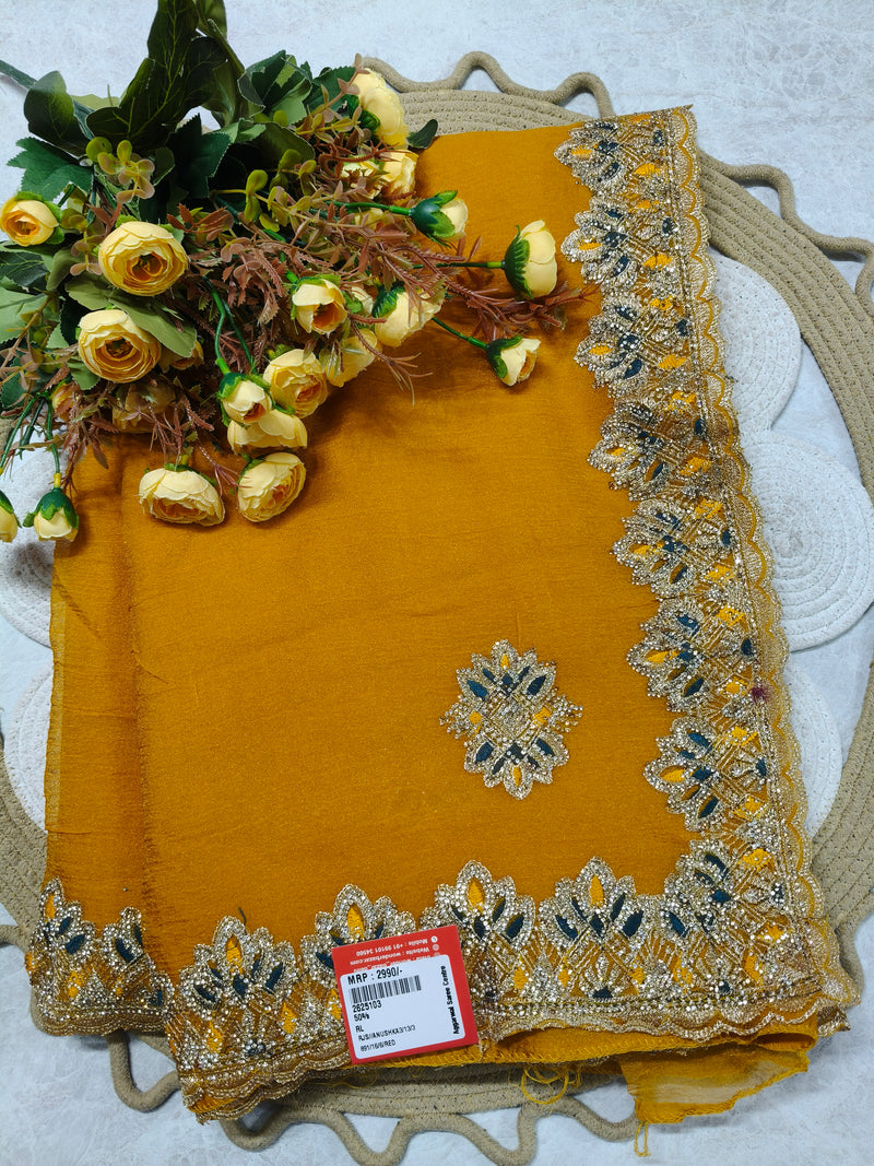 Elegant Mustard Yellow Saree with Intricate Golden Zari Border