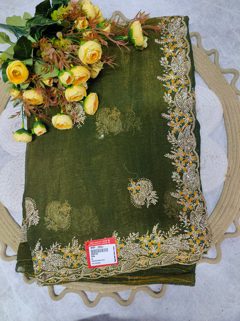 Chic Olive Green Designer Embellished Saree with Golden Shimmer