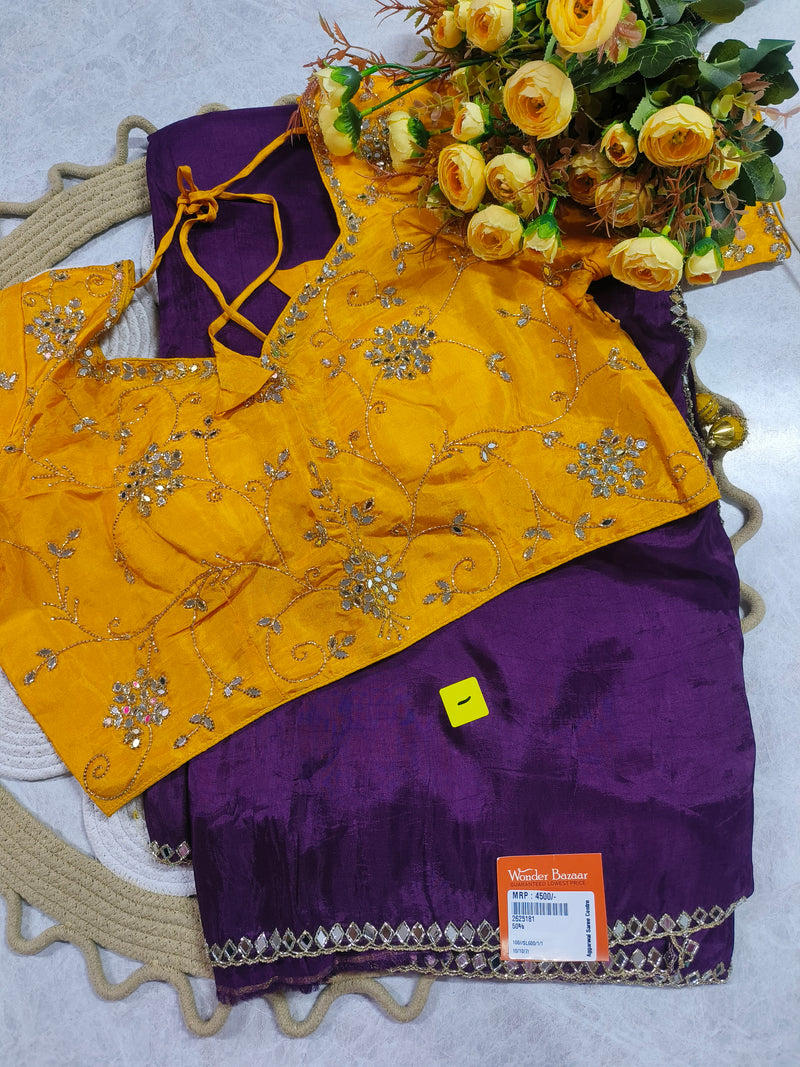 Elegant Deep Purple Saree with Embellished Mustard Yellow Blouse