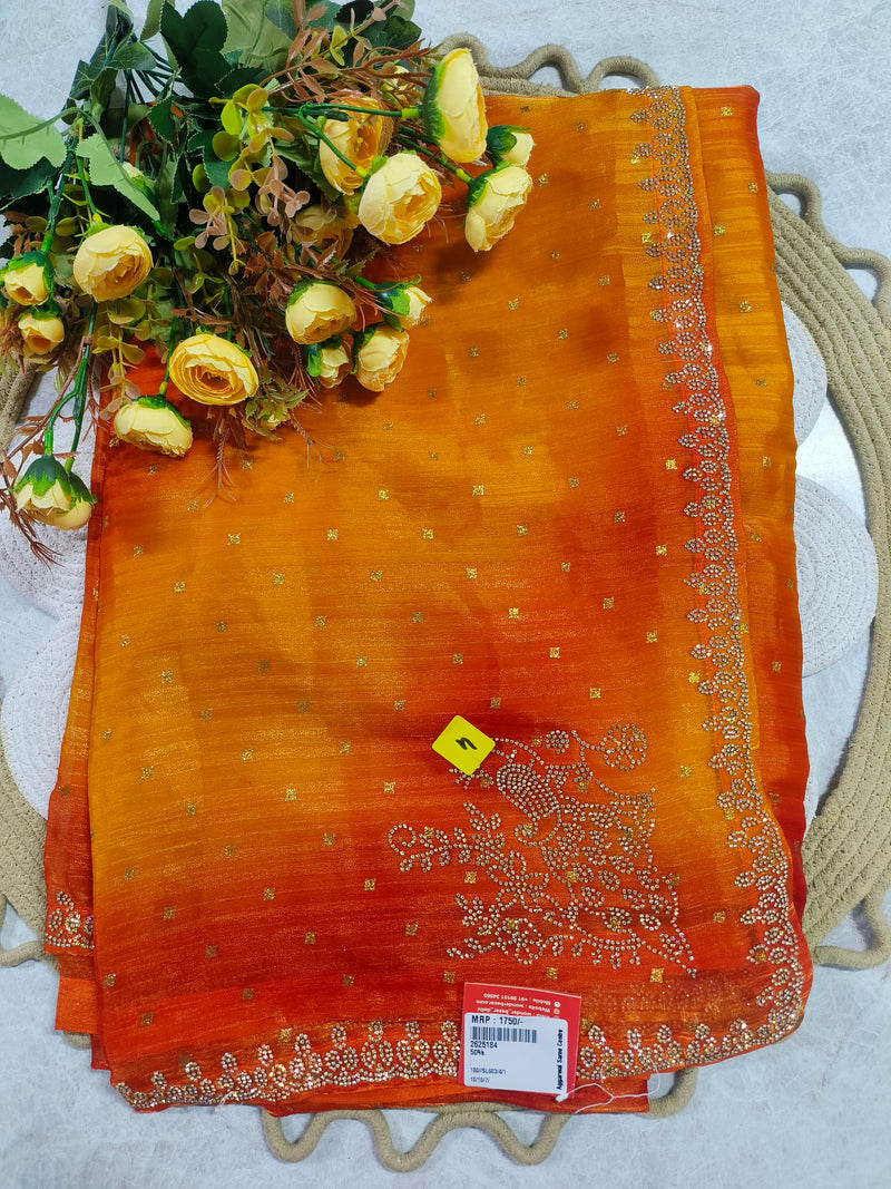 Vibrant Orange Ombre Saree with Shimmering Stone Embellishments