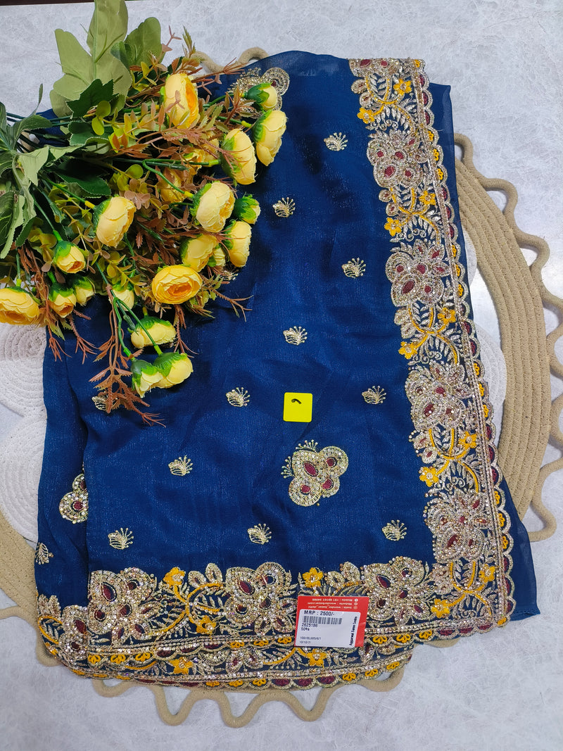 Royal Blue Chiffon Saree with Intricate Gota Patti Border