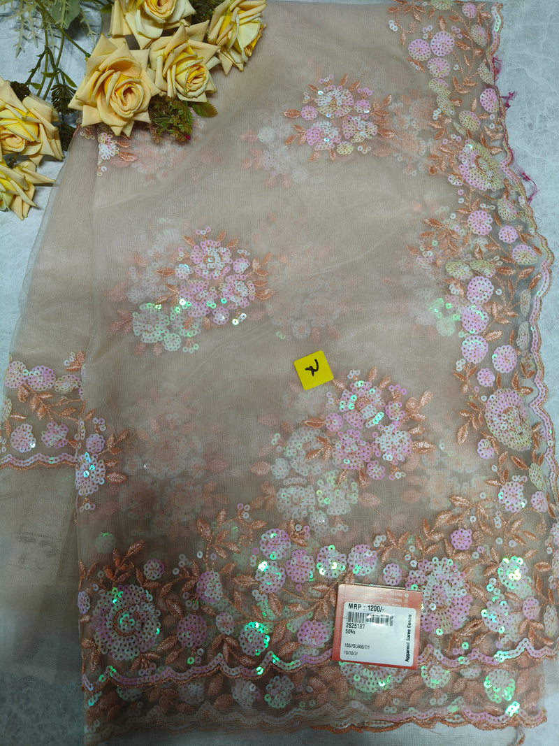 Dreamy Peach Floral Net Saree with Delicate Sequin Embellishments