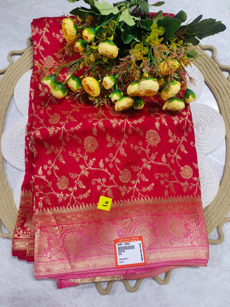 Graceful Red Silk Saree with Intricate Floral Gold Embroidery