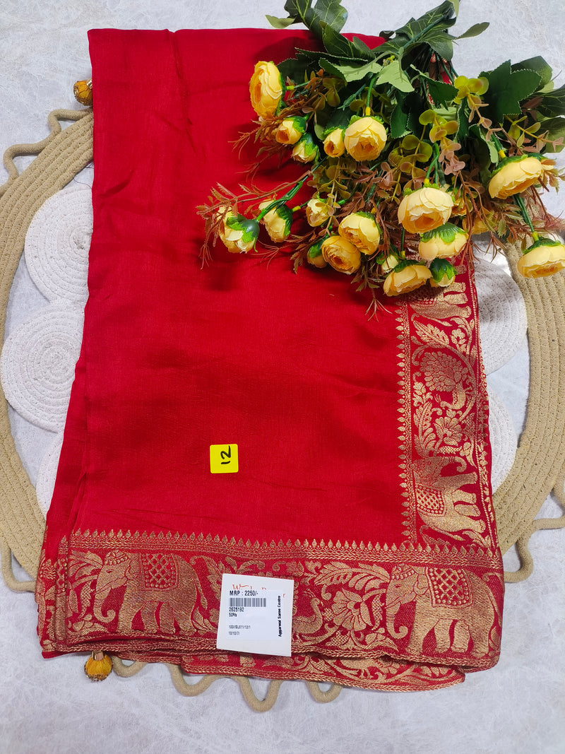 Vibrant Red Silk Saree with Elegant Elephant Zari Border
