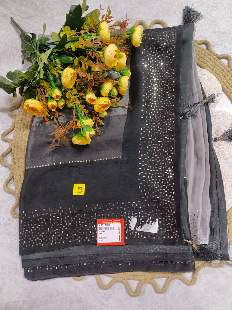 Chic Charcoal Grey Sequined Saree for Modern Evenings