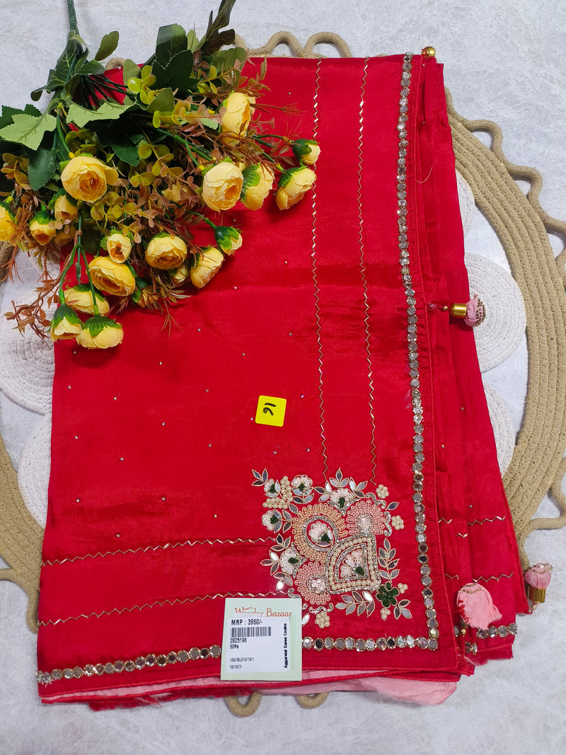 Radiant Crimson Red Chiffon Saree with Mirror Embellishments