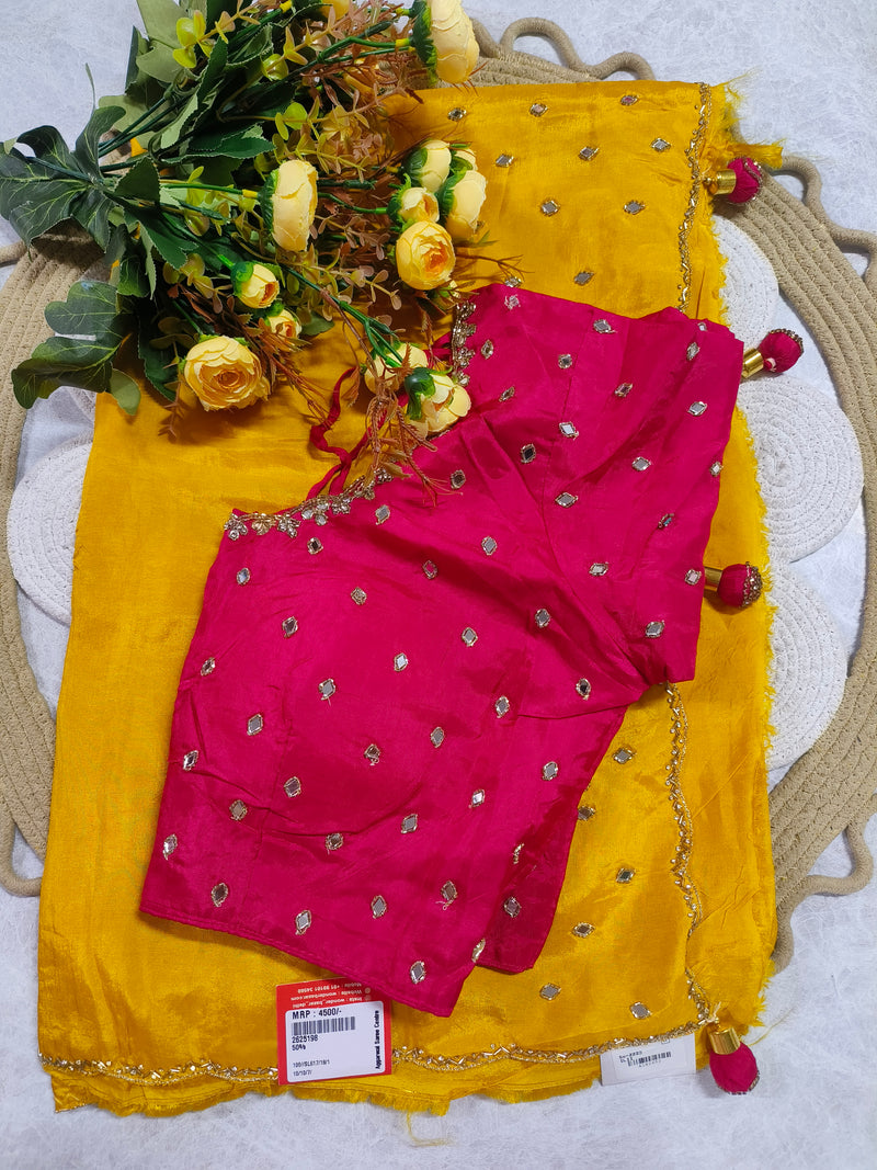 Sun-Kissed Yellow Silk Saree with Fuchsia Mirror-Work Blouse