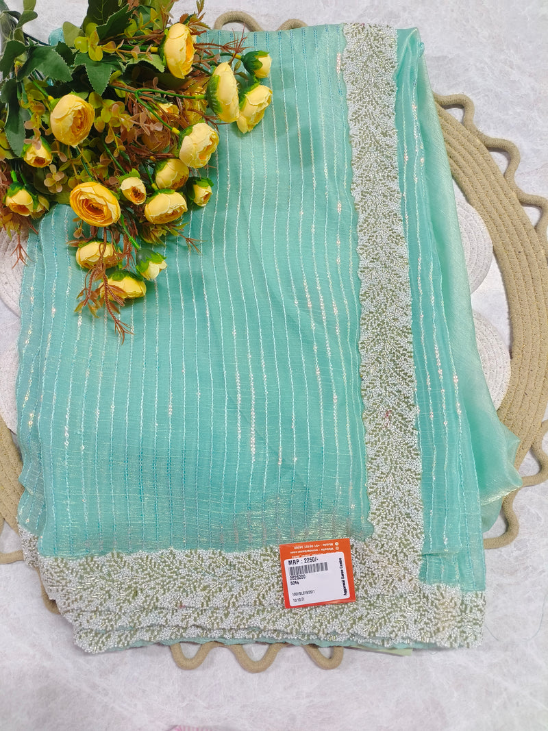 Mint Green Shimmer Stripe Saree with Heavy Beaded Border