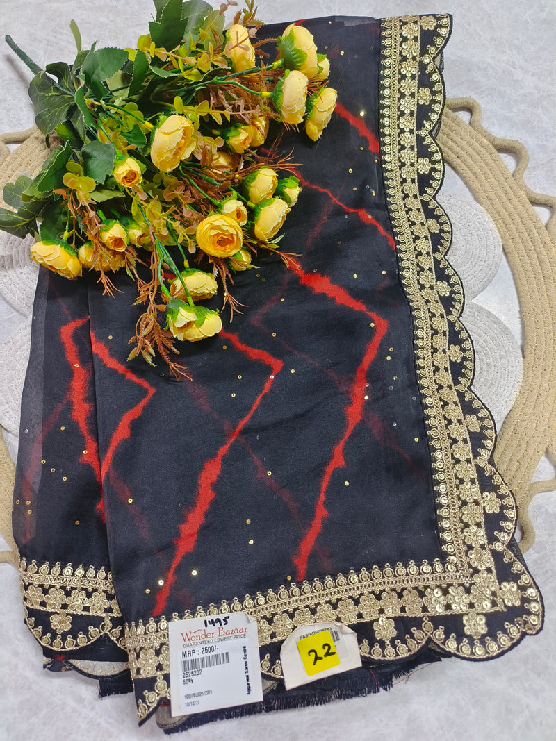 Midnight Black and Red Tie-Dye Saree with Gold Border