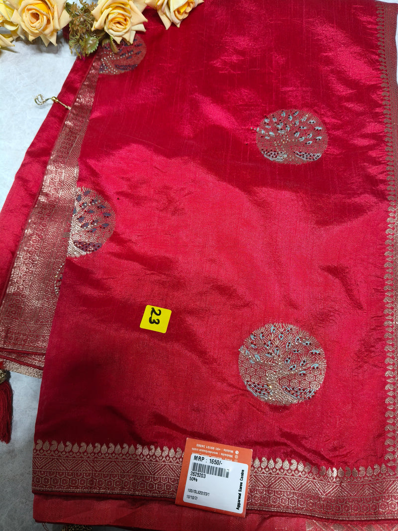 Stunning Crimson Red Silk Saree with Intricate Peacock Motif Embellishments