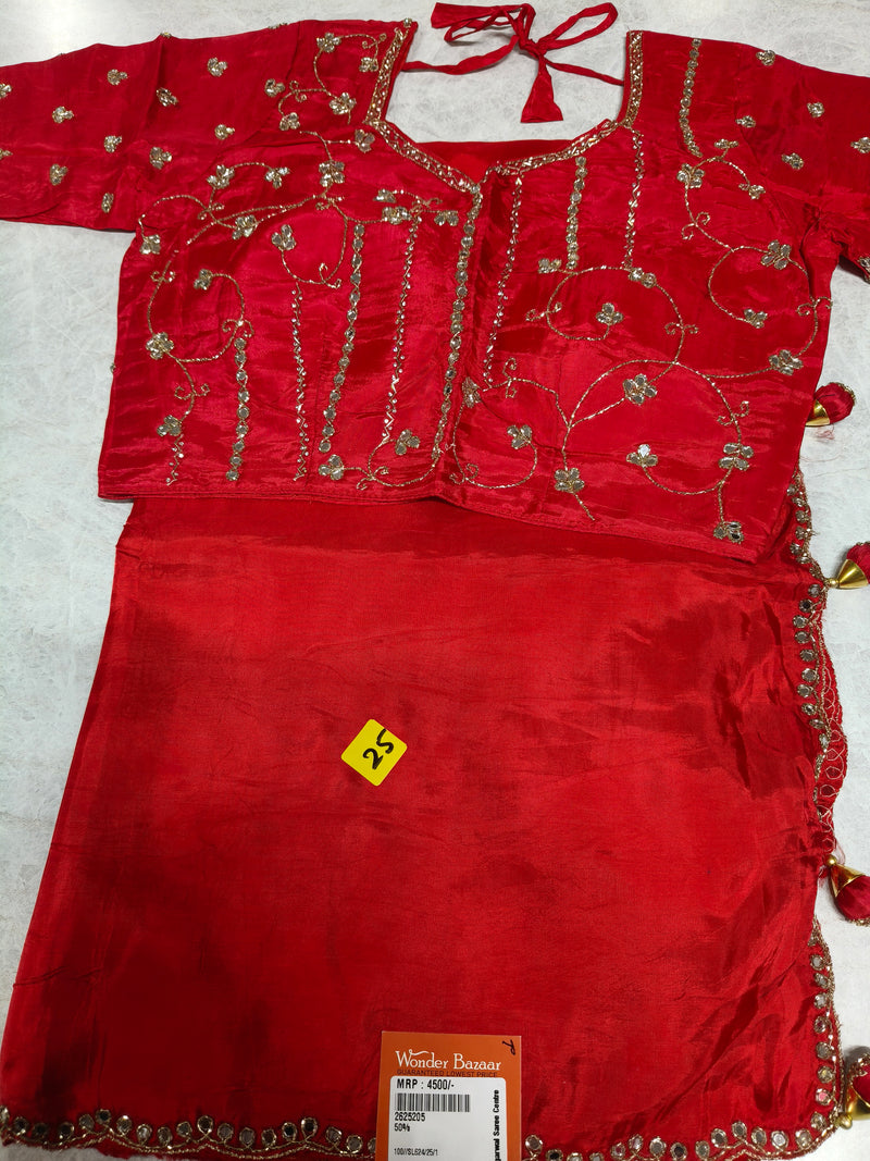 Vibrant Crimson Red Silk Saree with Heavy Golden Zari and Mirror Work