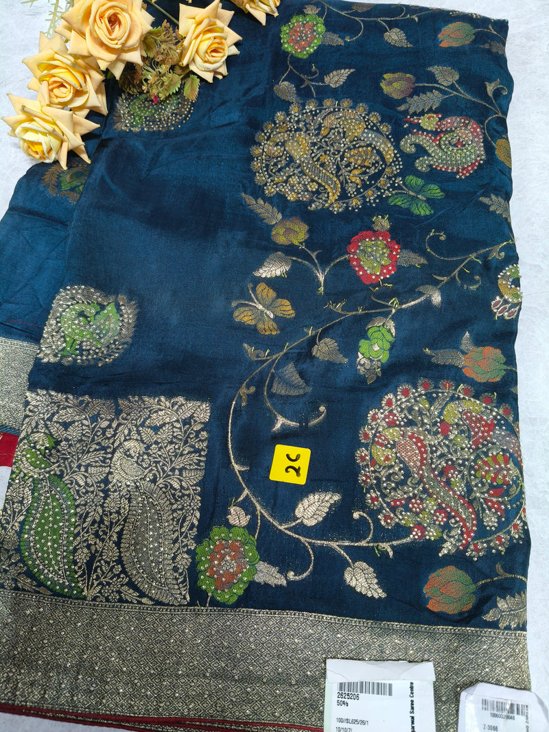 Deep Ocean Blue Silk Saree with Rich Floral Embroidery and Gold Accents