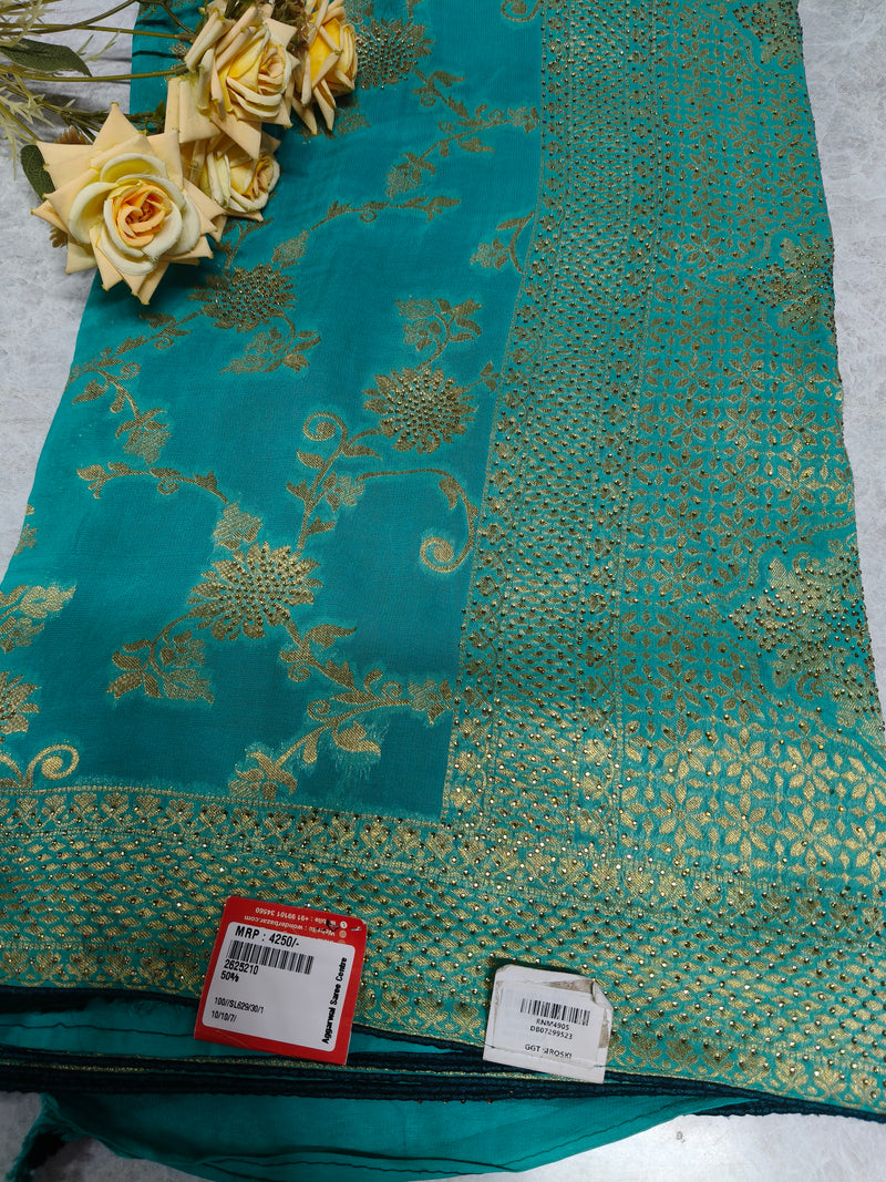 Radiant Teal Georgette Saree with Exquisite Stone & Floral Embroidery