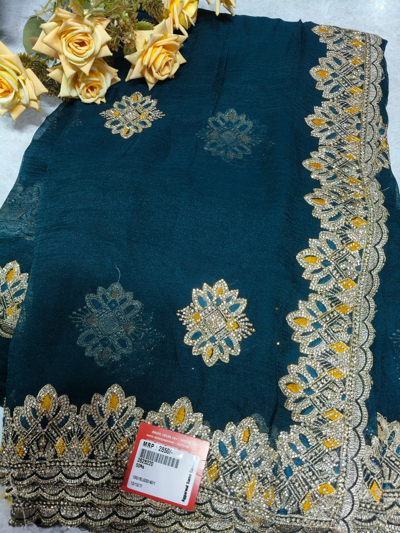 Deep Teal Chiffon Saree with Ornate Gold Lace and Embellished Floral Motifs