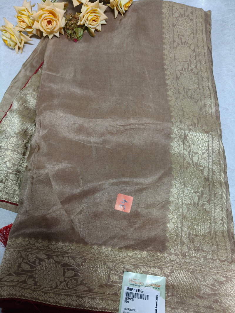 Sophisticated Taupe Silk-Blend Saree with Ornate Golden Border