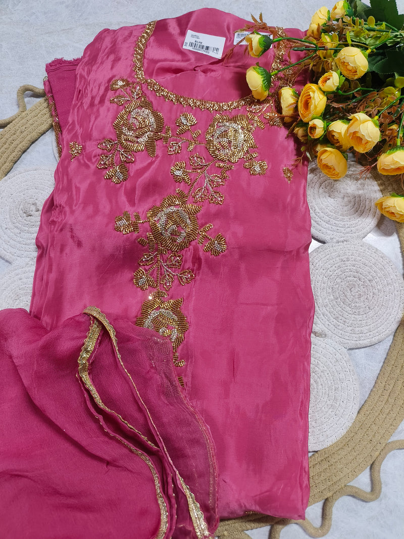Stunning Pink Silk Unstitched Suit with Heavy Gold Embellishments