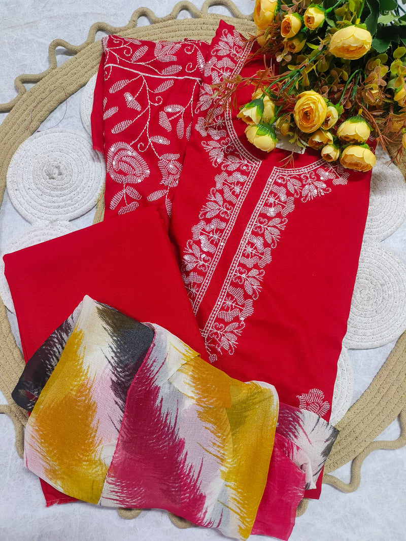 Vibrant Red Embroidered Suit with Abstract Printed Dupatta