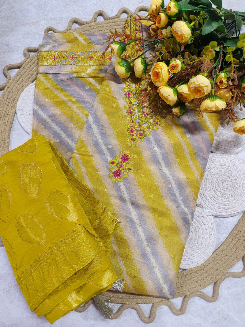 Chic Yellow and Grey Tie-Dye Pattern Suit with Gold Embellishment