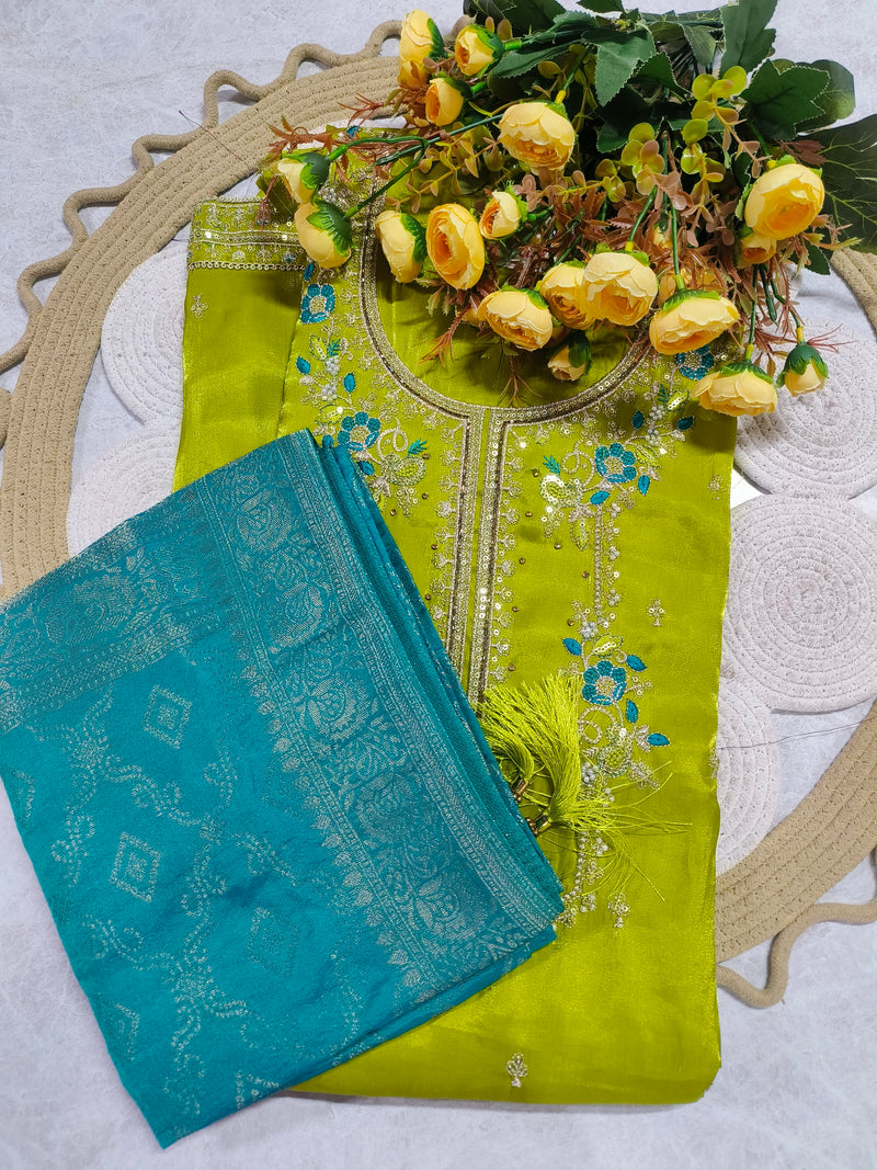 Luxurious Lime Green Suit with Teal Blue Brocade Dupatta