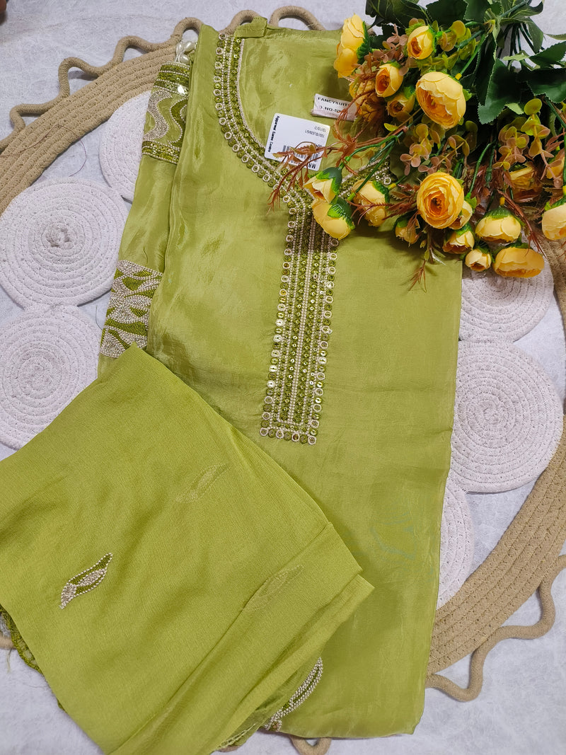 Elegant Lime Green Suit with Sequined Neckline Details