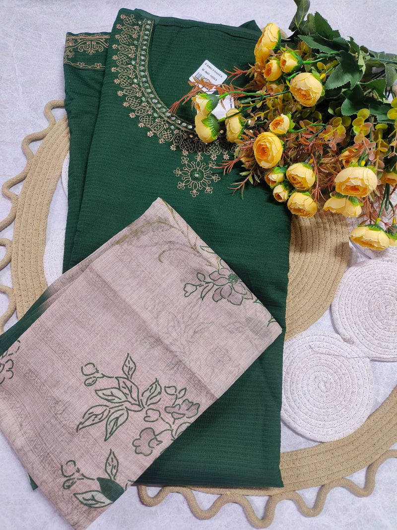 Chic Dark Green Suit with Intricate Neckline and Floral Dupatta