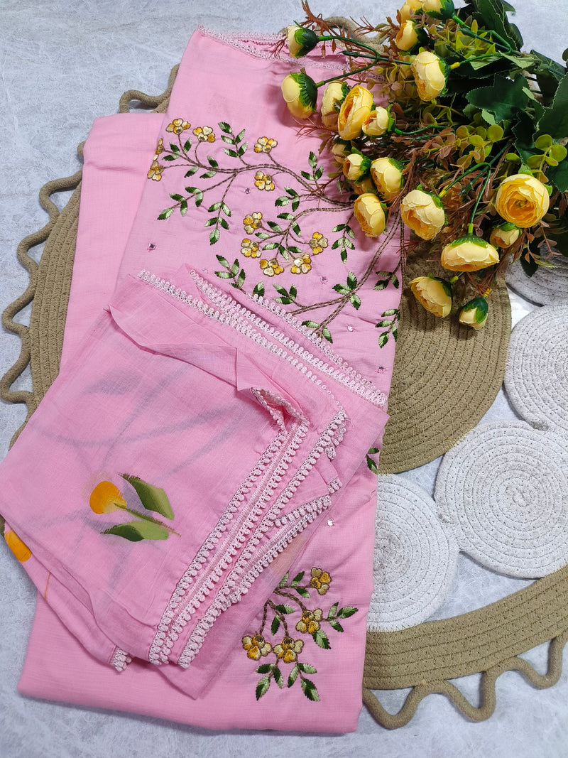 Graceful Pink Embroidered Cotton Unstitched Dress Material