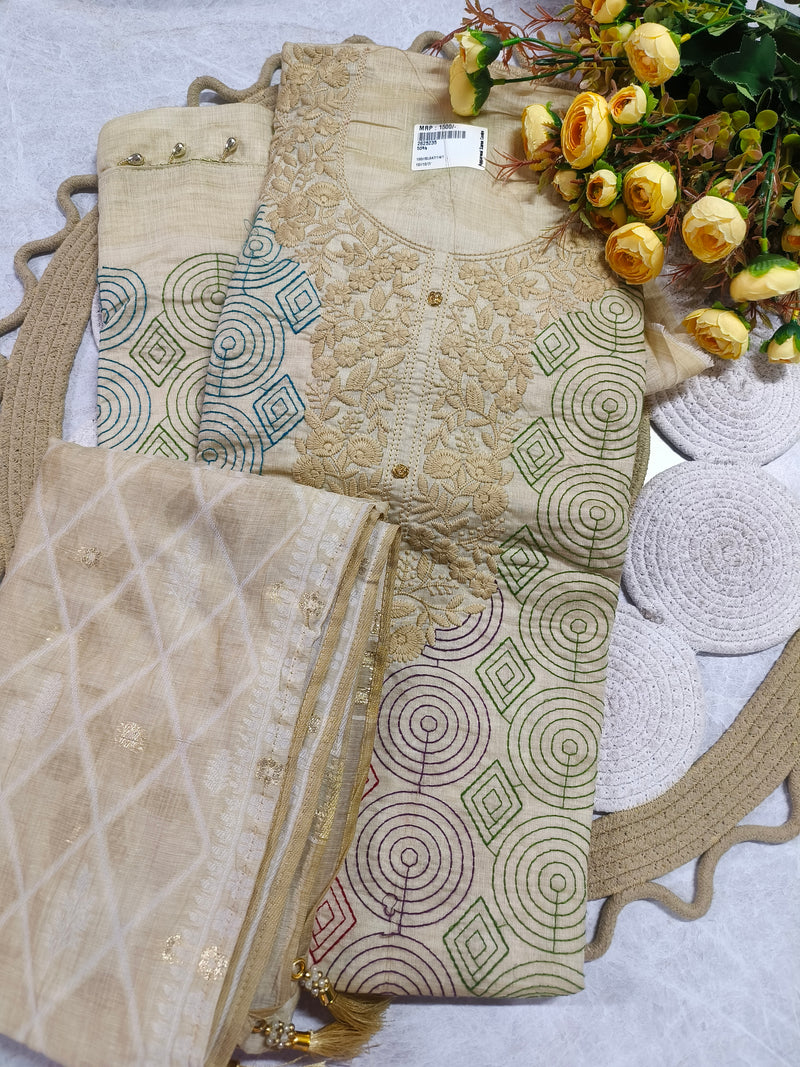 Chic Beige Geometric Pattern Embroidered Unstitched Suit