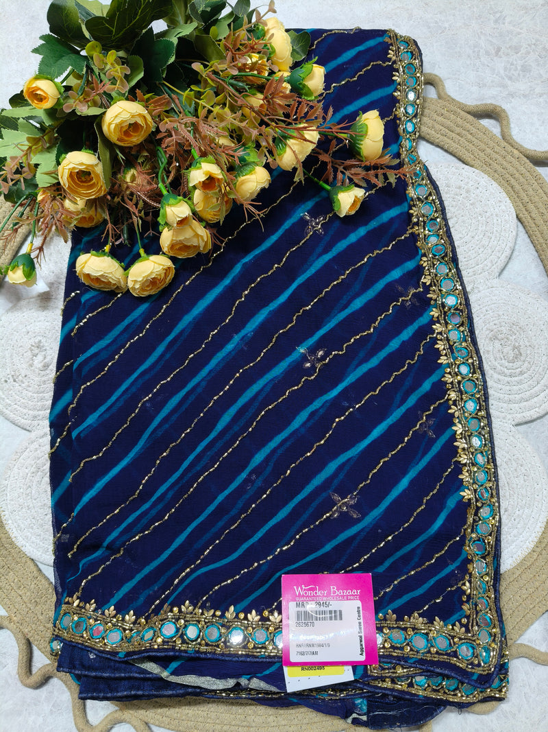 Elegant Navy Blue Leheriya Saree with Mirror Work