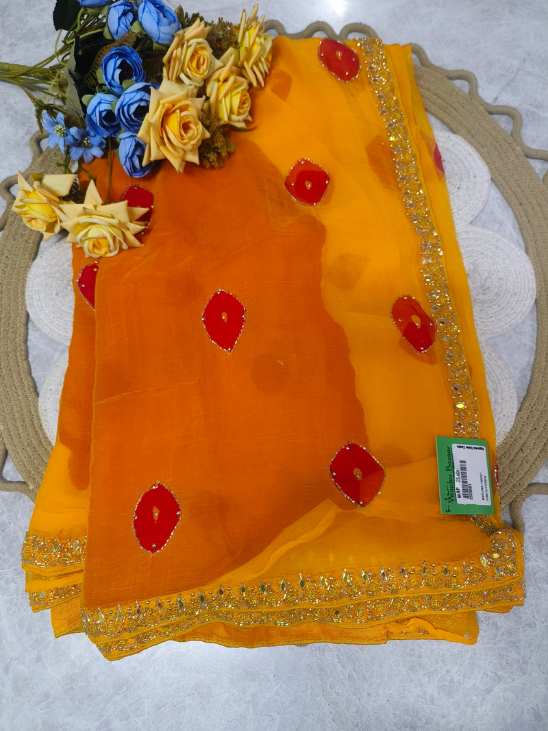 Vibrant Yellow Chiffon Saree with Gota Patti and Mirror Border