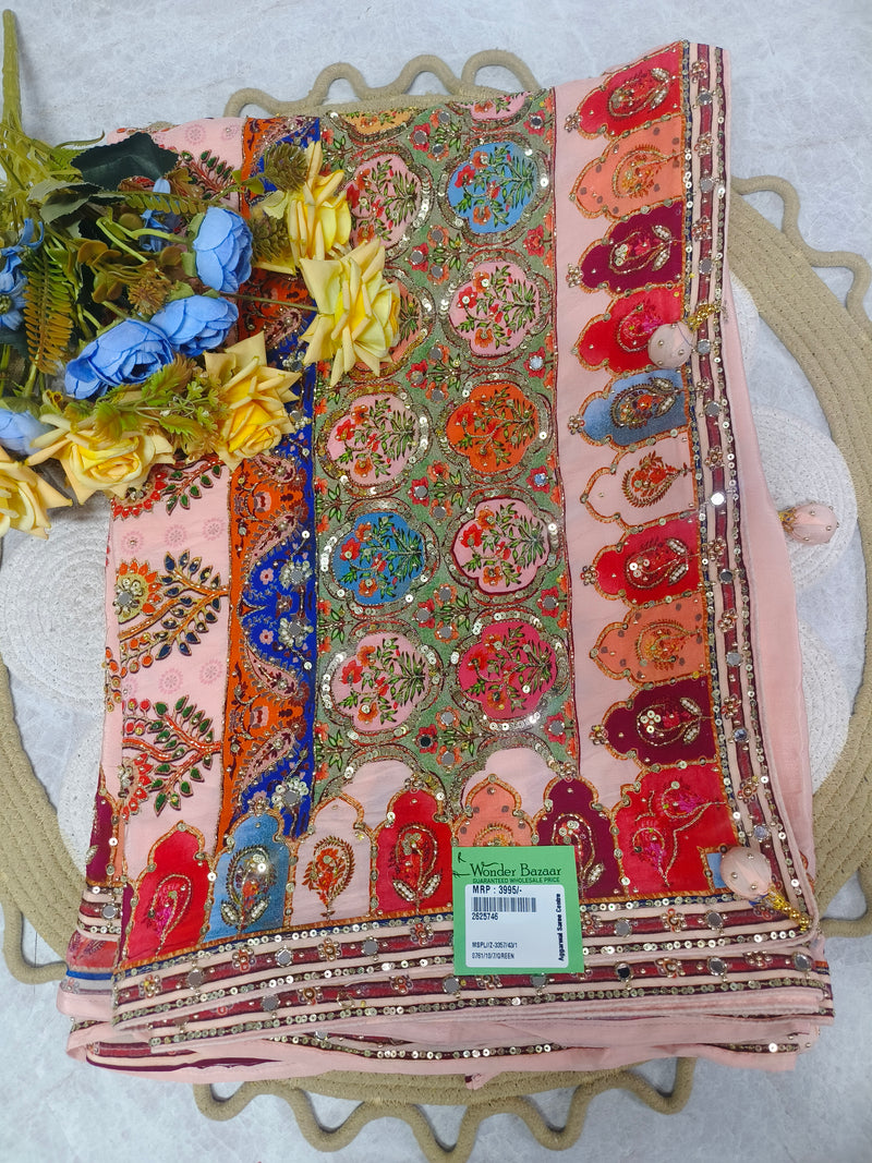 Stunning Multi-Color Embroidered Floral Silk Saree