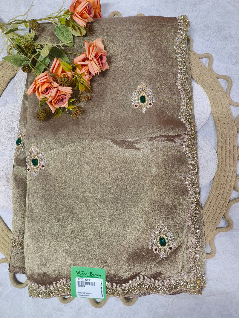 Elegant Champagne Gold Shimmer Saree with Embellished Borders