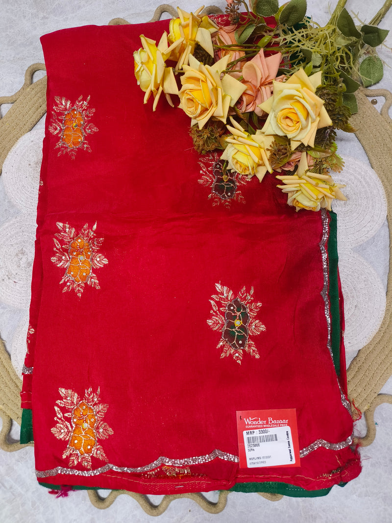 Vibrant Red Fancy Saree with Floral Zari Motifs