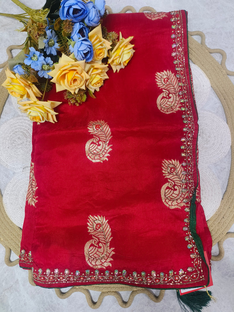 Regal Crimson Red Embroidered Designer Saree
