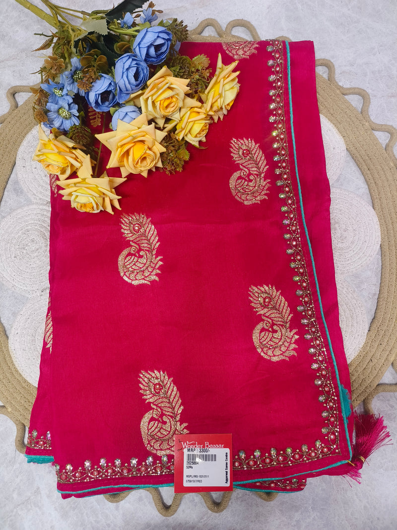 Hot Pink Embellished Silk Saree with Border