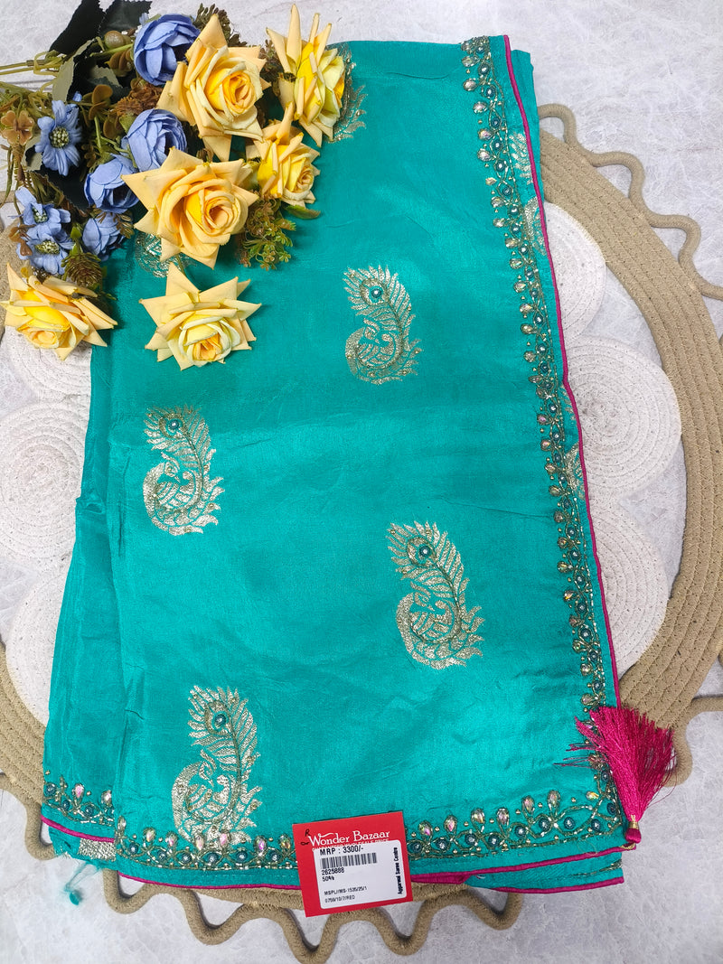 Radiant Teal Blue Fancy Saree with Exquisite Peacock Motif and Stone Work