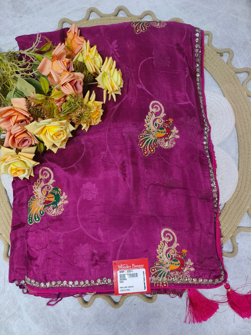 Regal Plum Peacock Motif Fancy Saree with Tassels