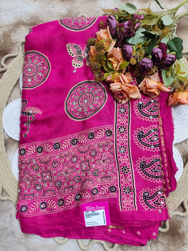 Vibrant Fuchsia Printed Fancy Saree with Mirror Details