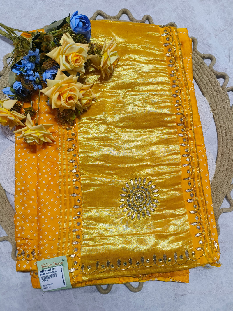 Stunning Golden Yellow Crinkled Silk Party Saree