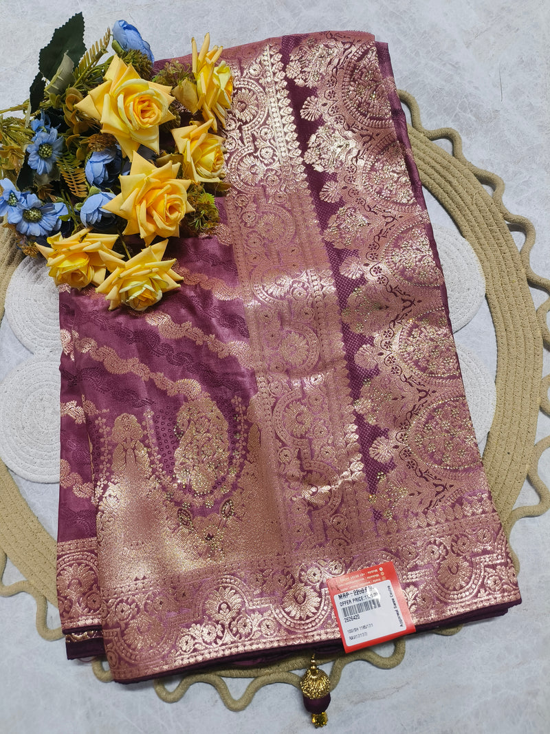 Opulent Wine Embroidered Silk Wedding Saree
