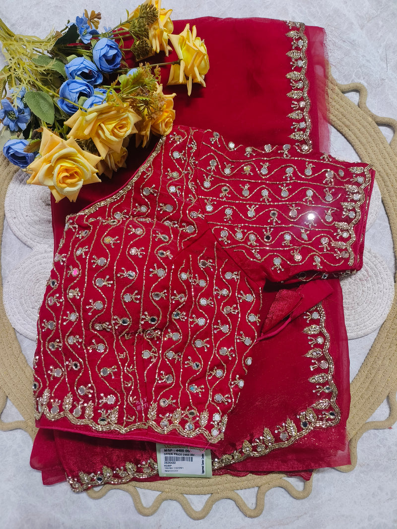 Ravishing Ruby Red Saree with Intricate Gold Mirror-Work Blouse