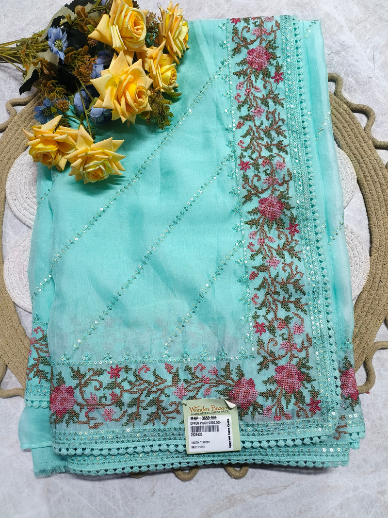 Delicate Aqua Blue Floral Embroidered Saree with Crochet Border