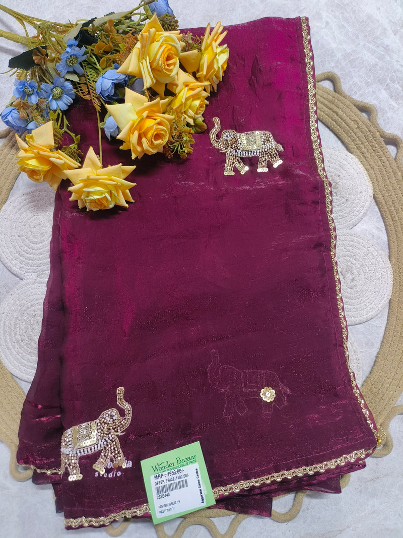 Deep Wine Embroidered Saree with Elegant Beaded Elephant Motifs