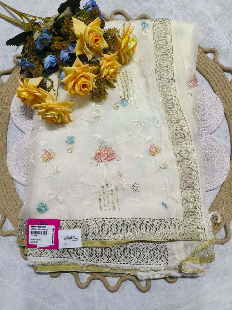 Sophisticated Ivory & Floral Embellished Saree with Heavy Gold Border