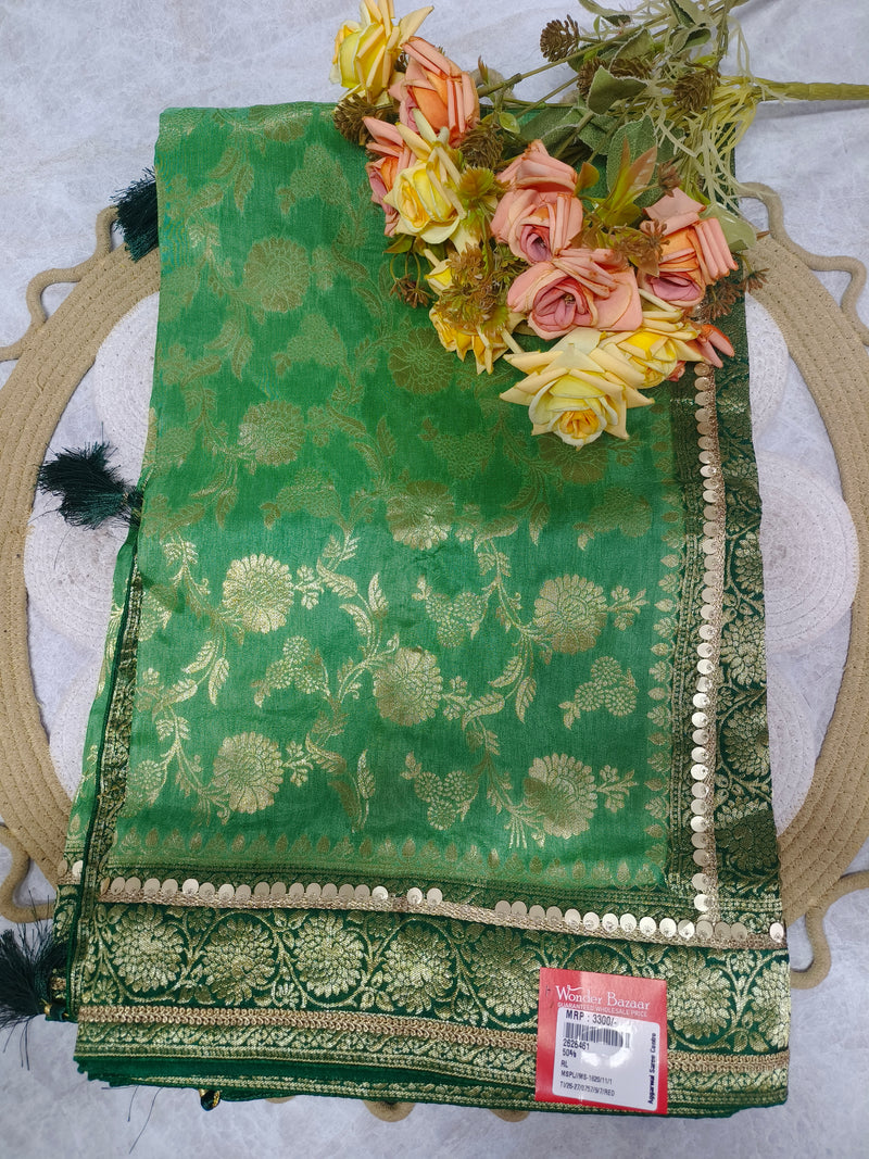 Elegant Emerald Green Fancy Saree with Radiant Gold Zari Border